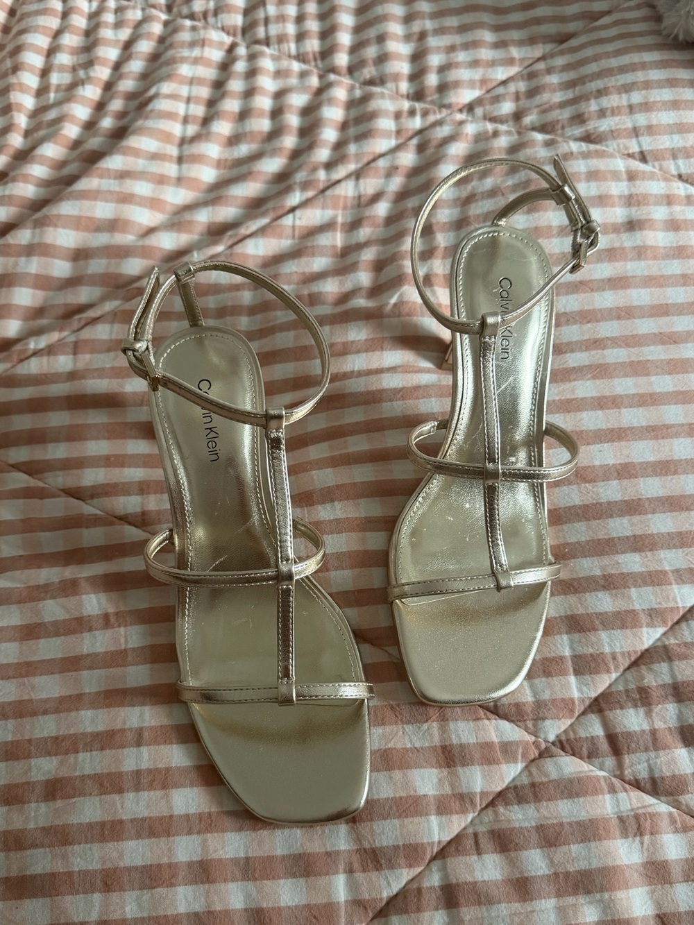 Calvin Klein Metallic Gold T-Strap Ankle Strap Heels